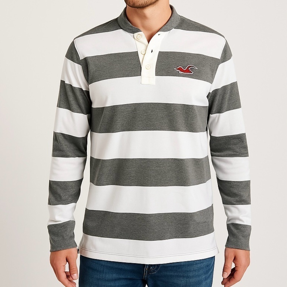 🆕 Hollister Rugby Shirt LS Polo Henley Sporty Grey White Stripe Youth L Adult S